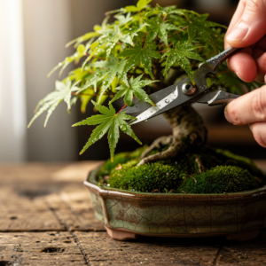 a closeup photograph of a moss covered, intricately trained green japanese maple bonsai being carefu