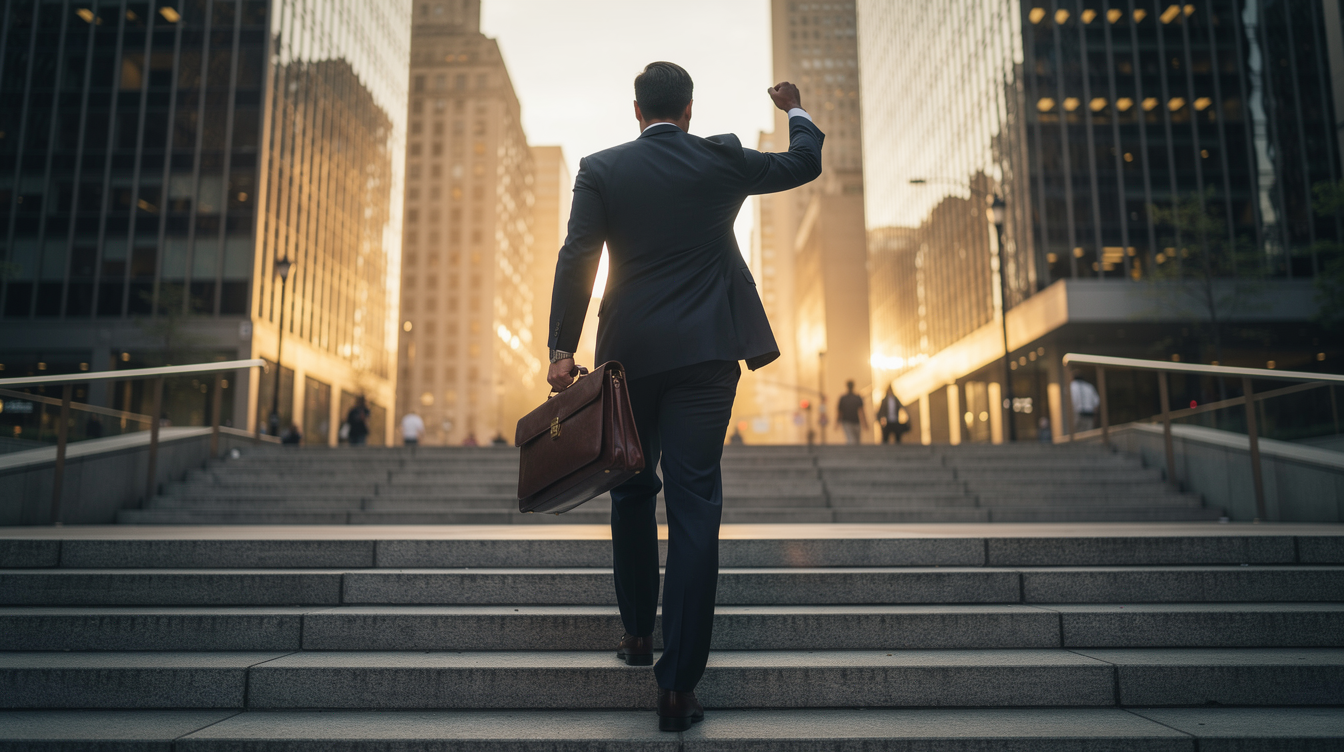 View of a young professional walking UPSTAIRS: A young professional seen from the back. He is on the street heading to the office. He can be seen walking in a dress suite walking the stairs UP. He is