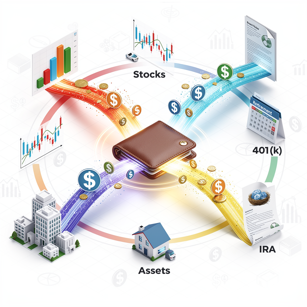 dynamic, visualization that captures the movement of capital. The image will show a wallet with a flow of money supplying to all 401K, Stocks, Asset investments, IRA, etc.