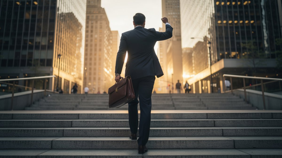View of a young professional walking UPSTAIRS: A young professional seen from the back. He is on the street heading to the office. He can be seen walking in a dress suite walking the stairs UP. He is