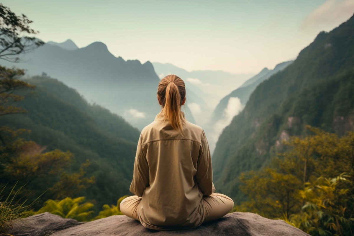 Peace of Mind: portrait person practicing yoga outdoors in nature