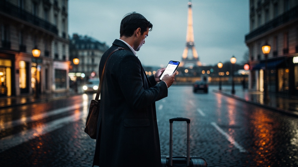 Cinematic 35mm photograph of a thoughtful professional in their early 30s standing on a rain-slicked city street at dusk, holding a suitcase in one hand and a smartphone showing a job offer in the oth