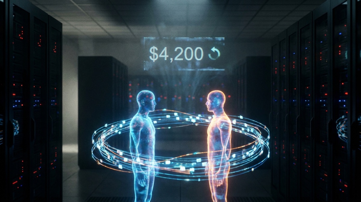 Cinematic 35mm film still, photorealistic masterpiece, 8k resolution. A dimly lit enterprise server room at night, rows of black server racks with blinking red and blue LEDs. In the foreground, two tr