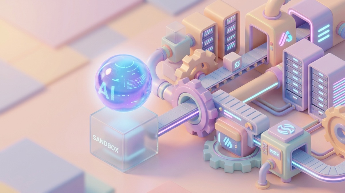 3D isometric render, octane render, smooth stylized 3D materials, soft volumetric lighting, vibrant modern 3D artwork. A glowing translucent AI agent orb exits a small glass sandbox cube and merges in