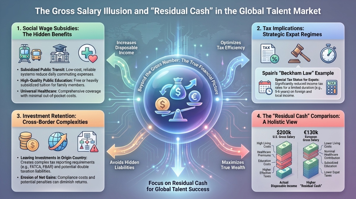 Infographic: Modular Explainer - The Gross Salary Illusion and "Residual Cash"In the global talent market, a $200,000 U.S. salary rarely translates directly to a European equivalent. 
