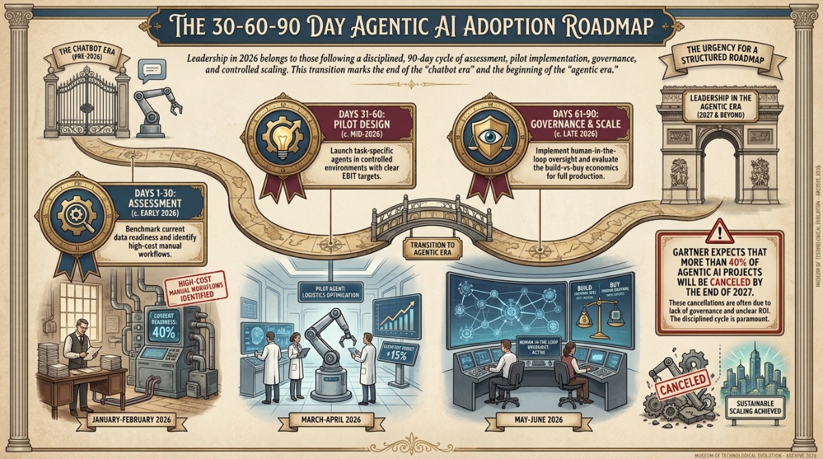 Infographic: Timeline Historical - The 30-60-90 Day Agentic AI Adoption RoadmapLeadership in 2026 belongs to those following a disciplined, 90-day cycle of assessment, pilot implementat
