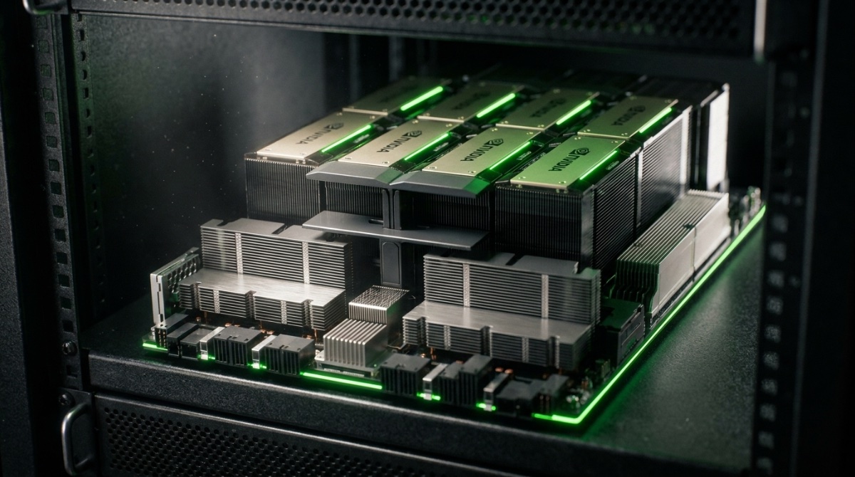 Cinematic close-up of an Nvidia H100 GPU accelerator card on a dark server rack, glowing green accents, visible HBM memory stacks beside the main die, shallow depth of field, dramatic rim lighting, 35