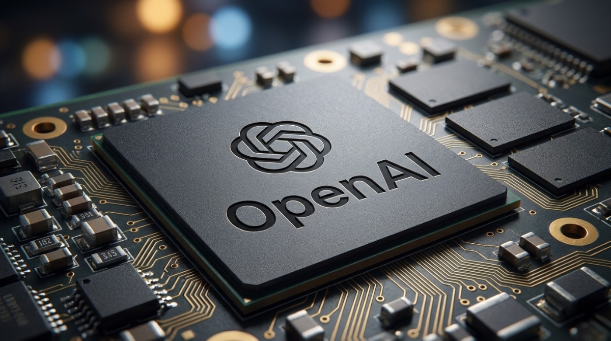 Extreme macro photography of a GPU chip with the OpenAI logo etched on its surface, ultra close-up fine texture details of a solid GPU circuit board with a charcoal silicon chip showing the open logo