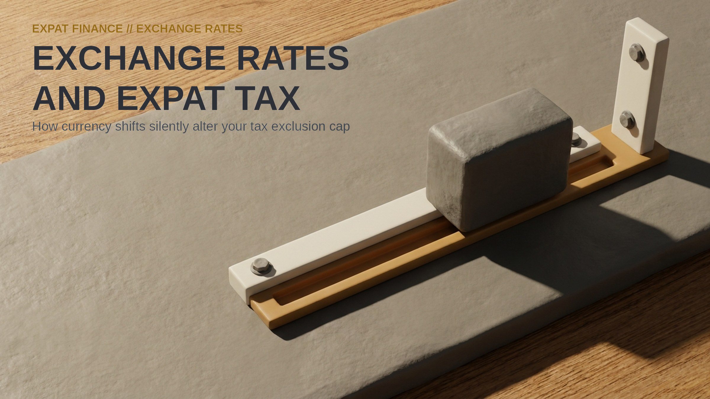 Exchange Rates And Expat Tax. A mechanical slider gauge where a graphite block overshoots a white threshold limit on an oak desk.