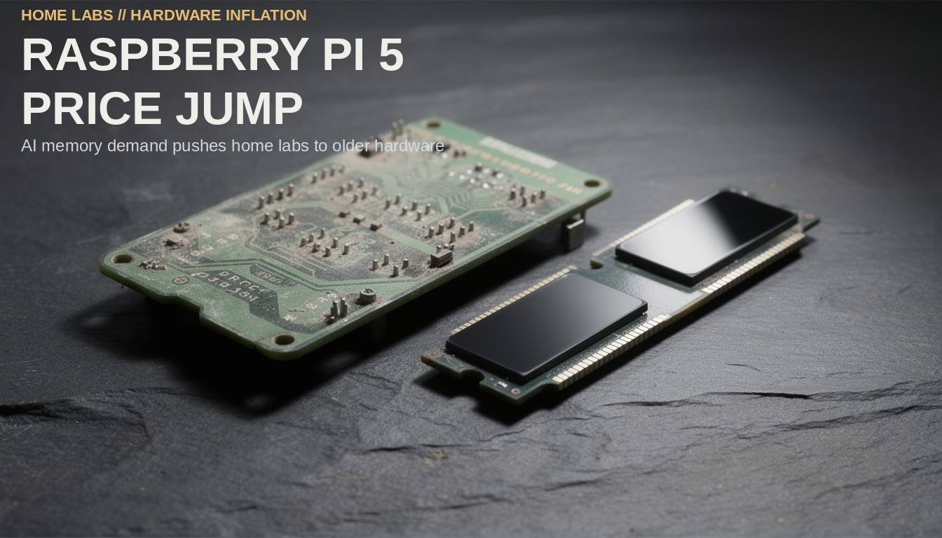 Raspberry Pi 5 Price Jump. An older bare circuit board resting next to a sleek modern memory module on a dark slate surface.