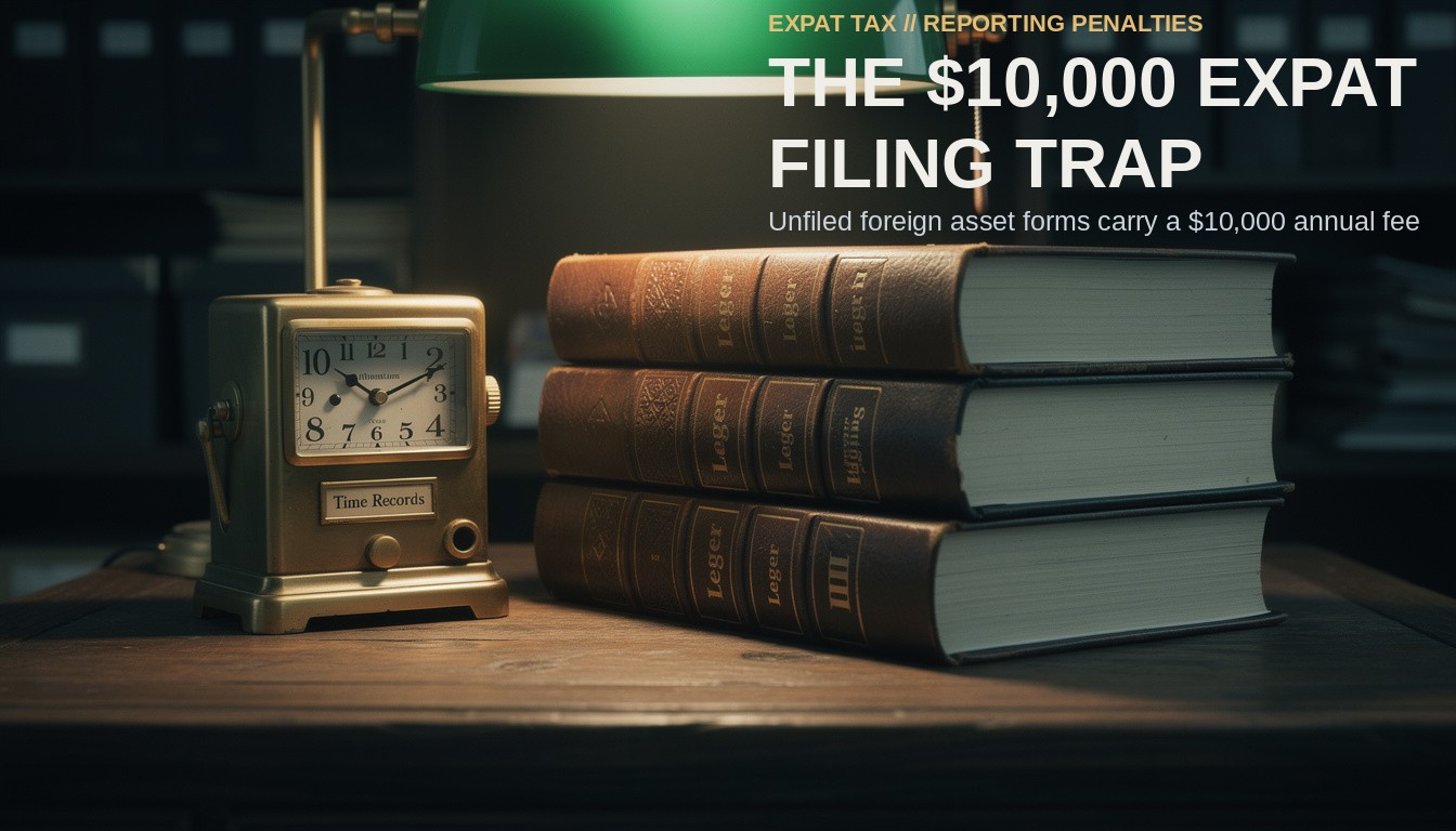 The $10,000 Expat Filing Trap. Three thick leather ledgers and a brass time clock on a dark oak desk under a single focused