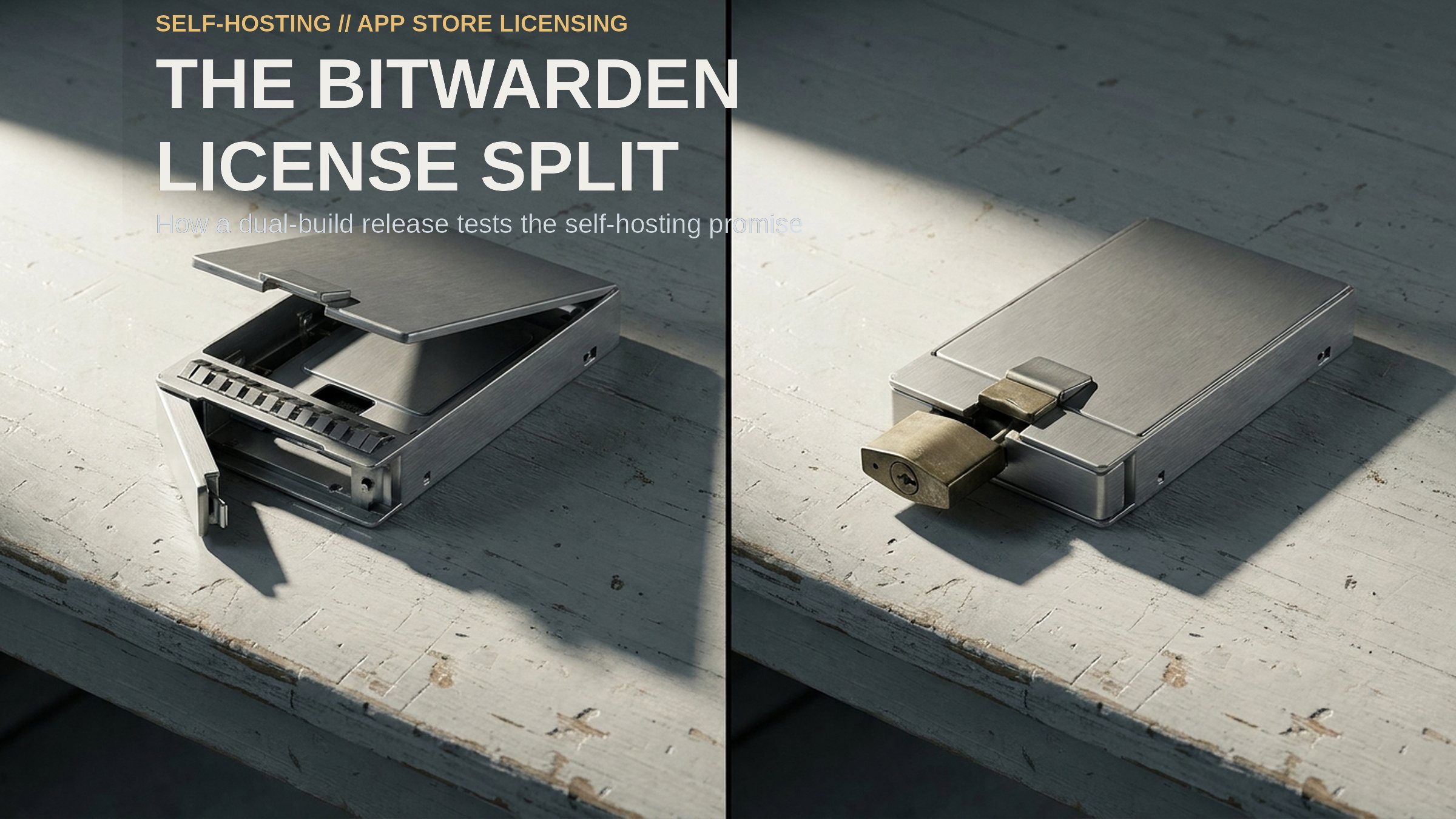 The BITWARDEN LICENSE Split. Two identical modular server drive caddies side-by-side on a wooden bench, one open and the other sealed with