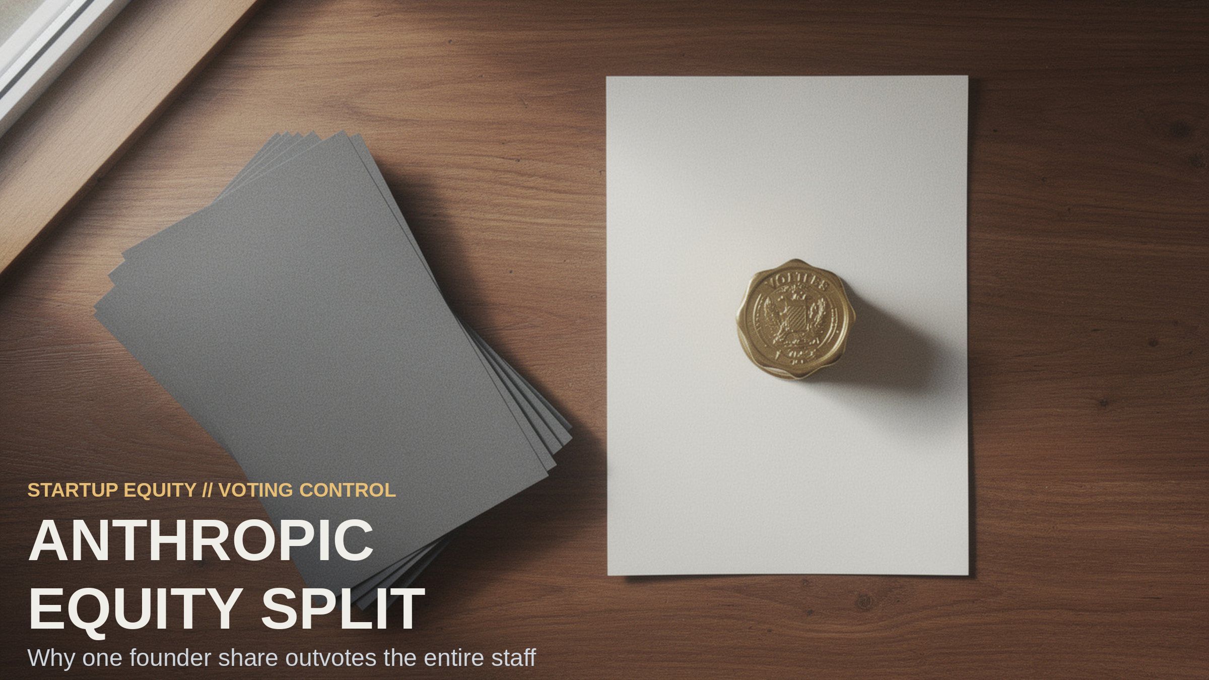 A brass voting seal rests on one bone-white certificate beside a tall stack of grey equity papers on a warm oak desk, lit from the left.