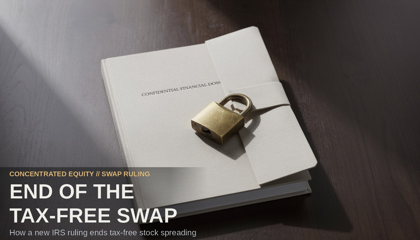 End Of The Tax-Free Swap. A thick legal dossier bound by a brass padlock on a wooden desk.