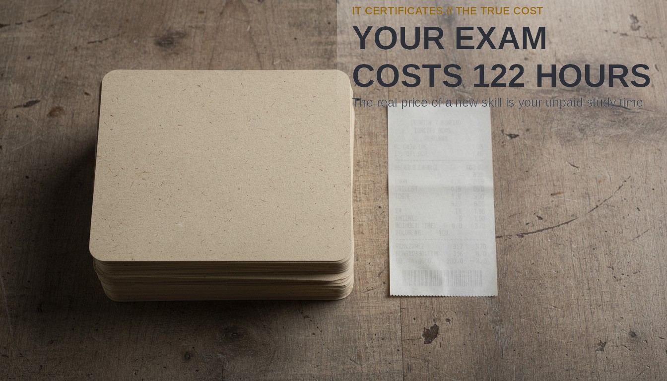 Your Exam Costs 122 Hours. A massive stack of heavy timecards next to a single thin paper receipt on a wooden desk.