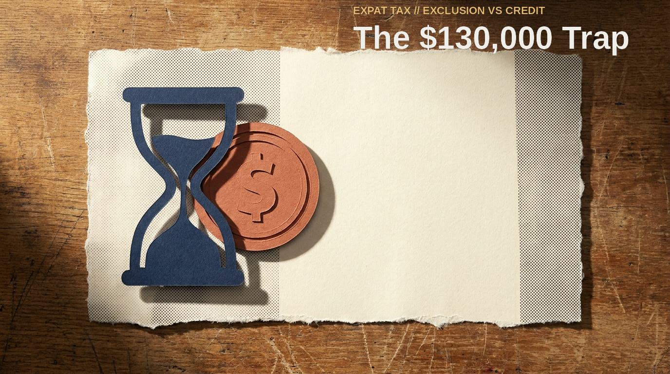 The $130,000 Trap. Cut-paper silhouettes of an hourglass and a coin layered on a torn paper sheet on a wooden desk.