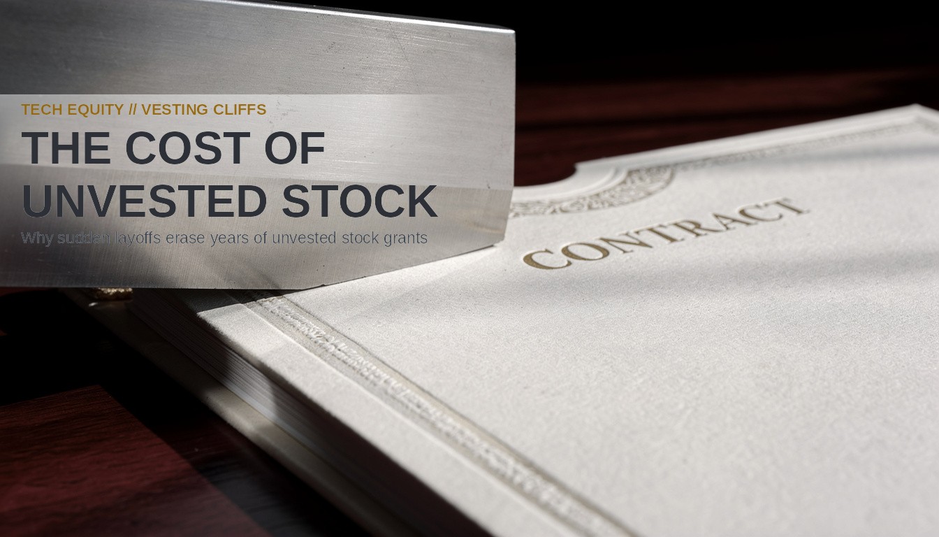 A brushed-steel paper-trimmer blade rests on a thick embossed contract document on a dark wood desk, its edge poised just above the lettering.