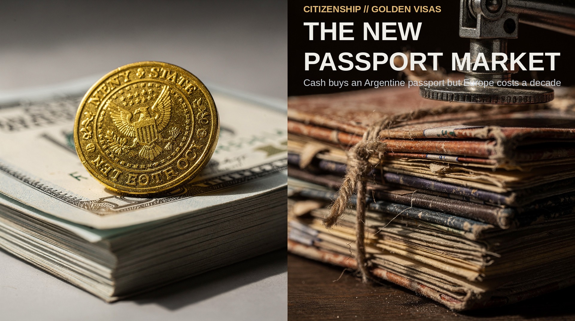The New Passport Market. A gold-foil state seal pressed into crisp banknotes, beside dust-covered archival dossiers bound in twine.