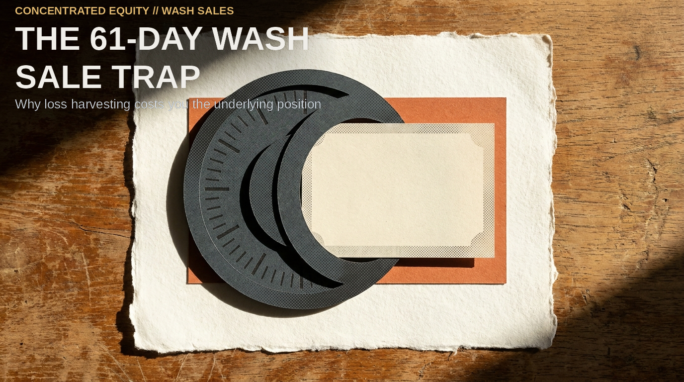 The 61-DAY Wash Sale Trap. Cut-paper silhouettes of a calendar dial overlapping a stock certificate on a textured surface.
