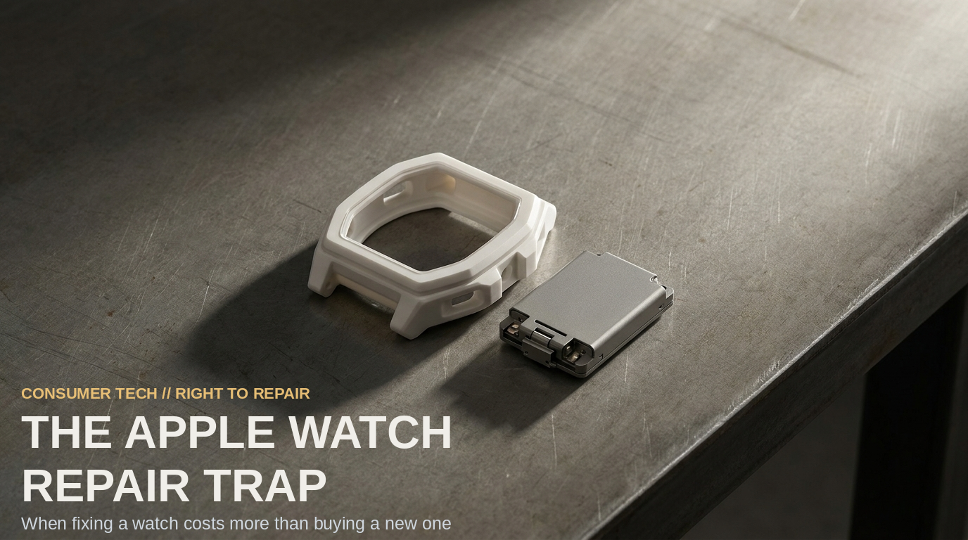 A premium white watch case beside a small battery module on brushed steel.