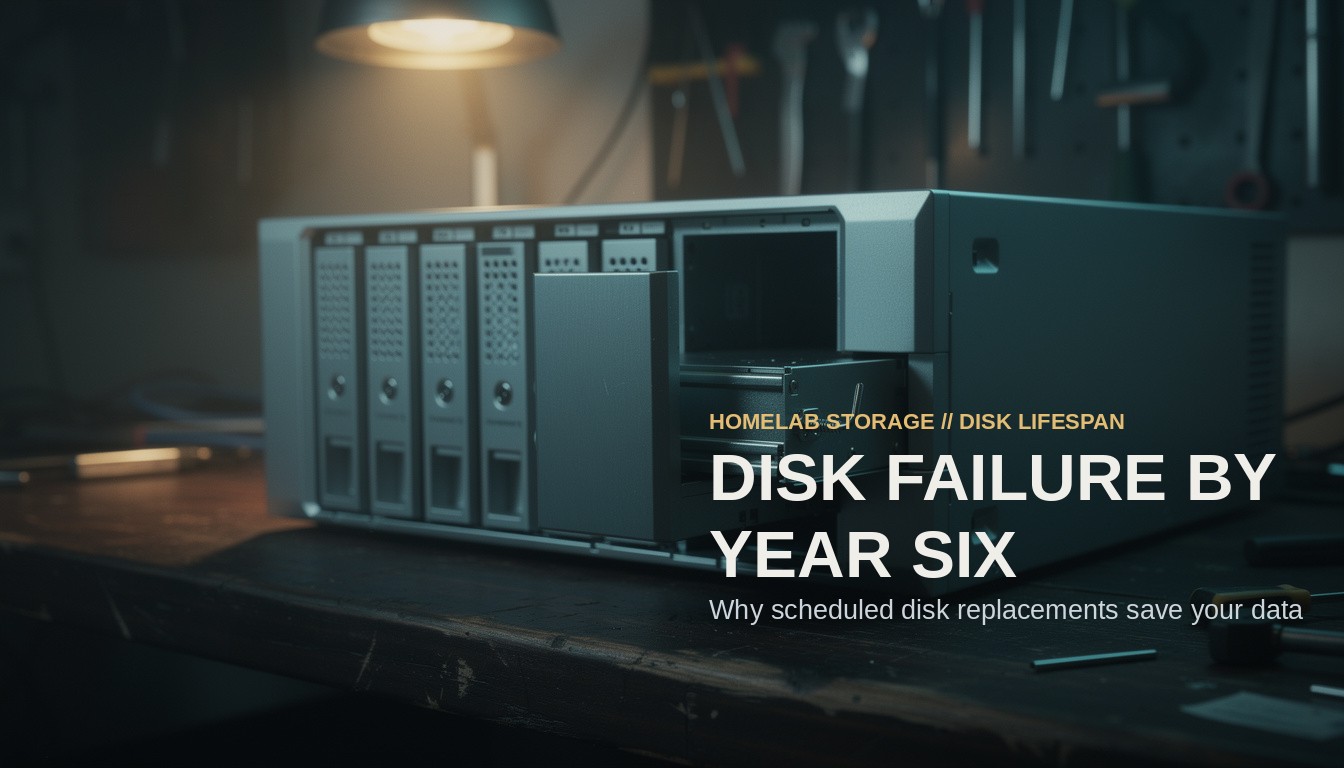 Disk Failure By Year Six. A multi-bay hard drive enclosure on a dark workbench with one heavy metal drive sled pulled