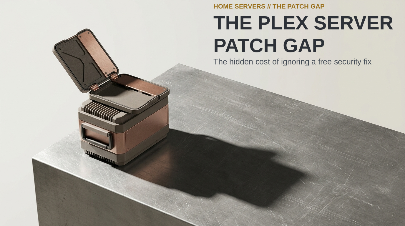The Plex Server Patch Gap. An unlatched modular drive bay resting on a brushed steel surface, casting a long shadow.