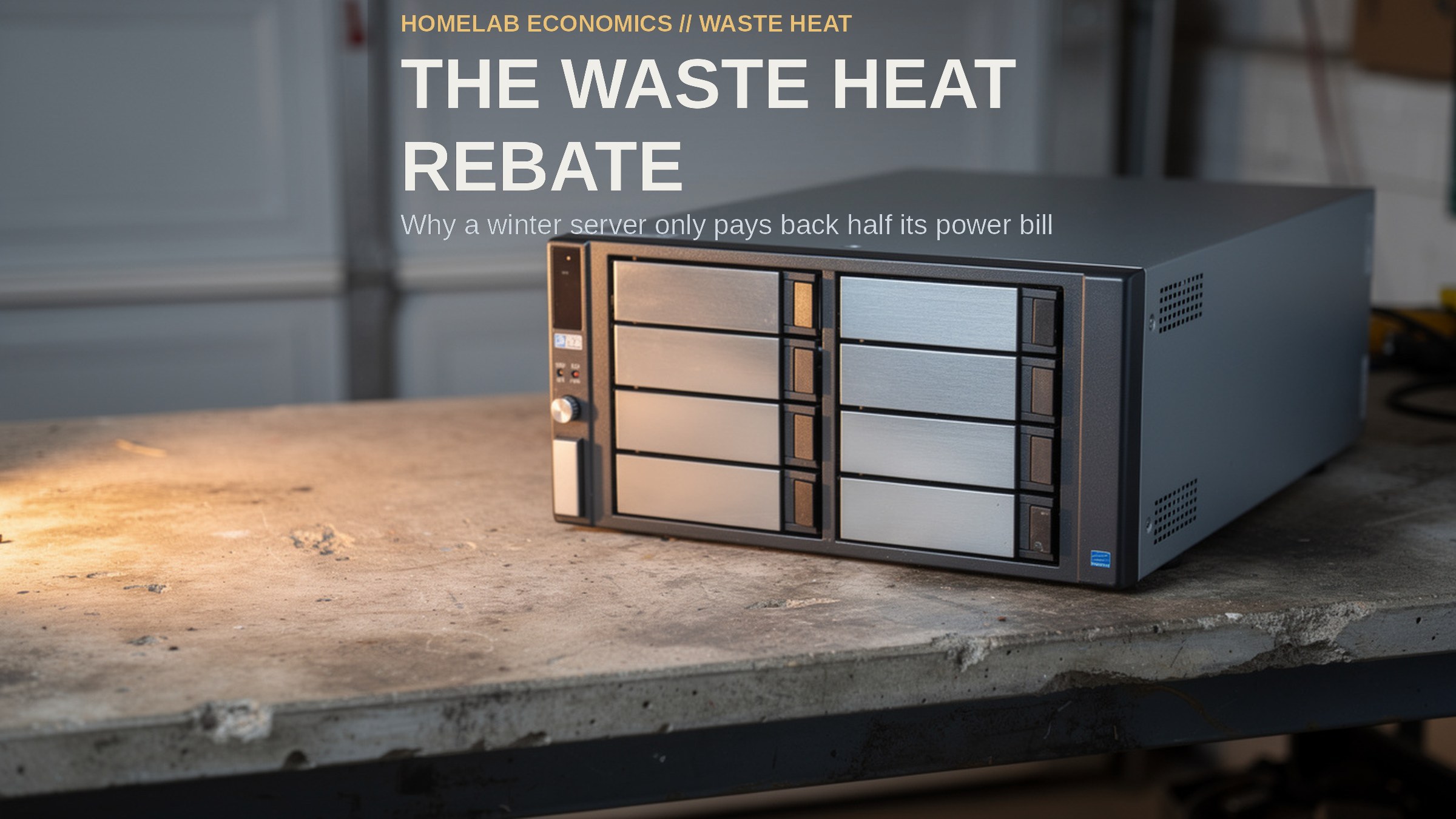 The Waste Heat Rebate. An eight-bay storage server on a concrete surface illuminated by warm directional light.