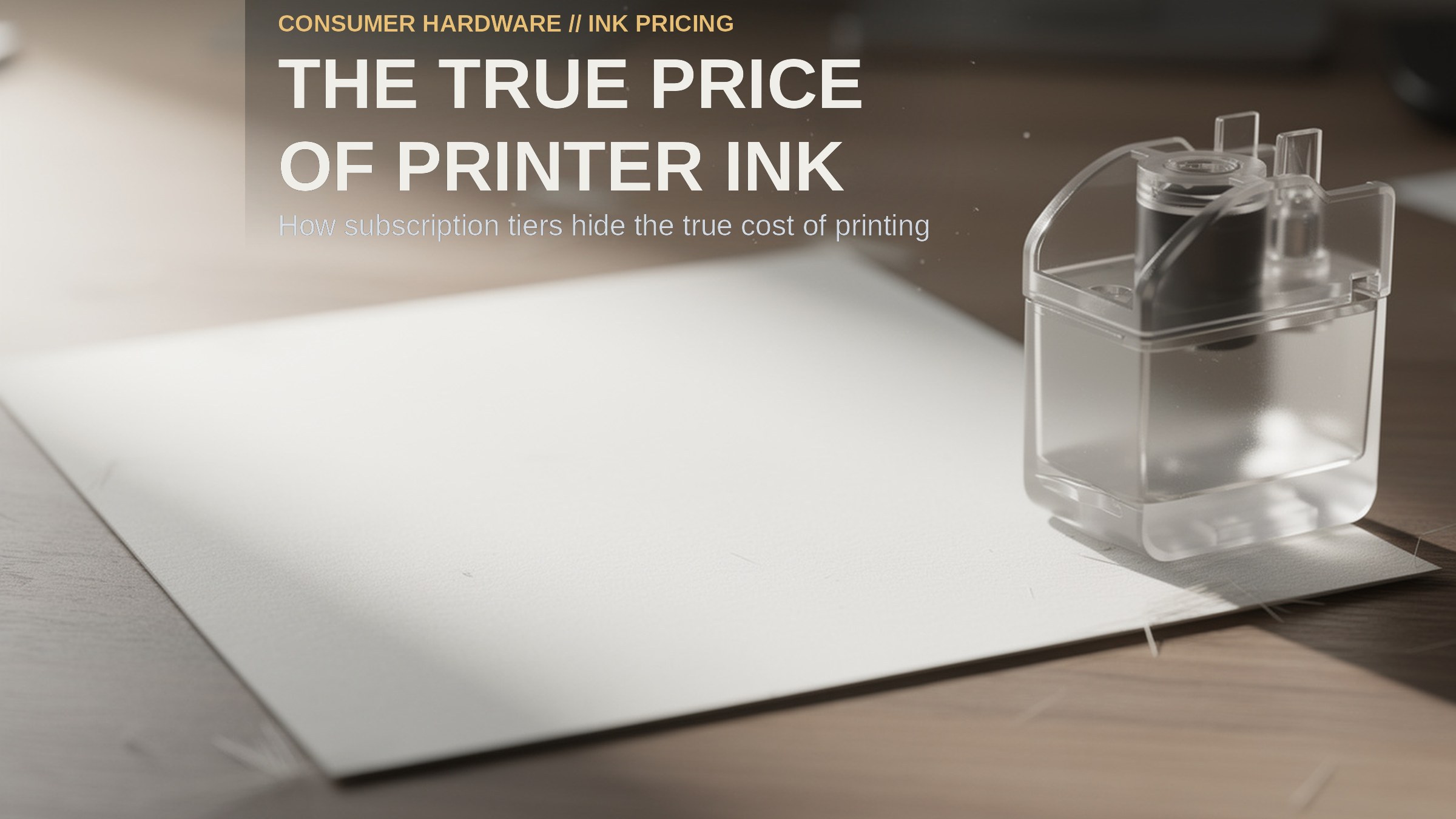 The True Price Of Printer Ink. A close-up of a printed paper page next to an ink tank reservoir on a wooden desk.