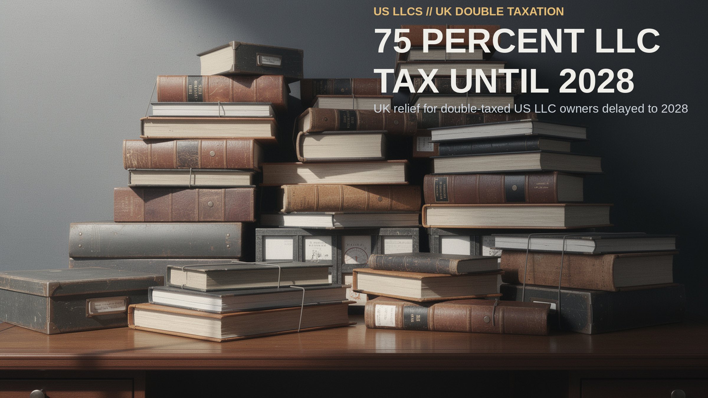 75 Percent LLC Tax Until 2028. A towering skyline of stacked tax ledgers and filing boxes on a desk, compressed by a telephoto lens.
