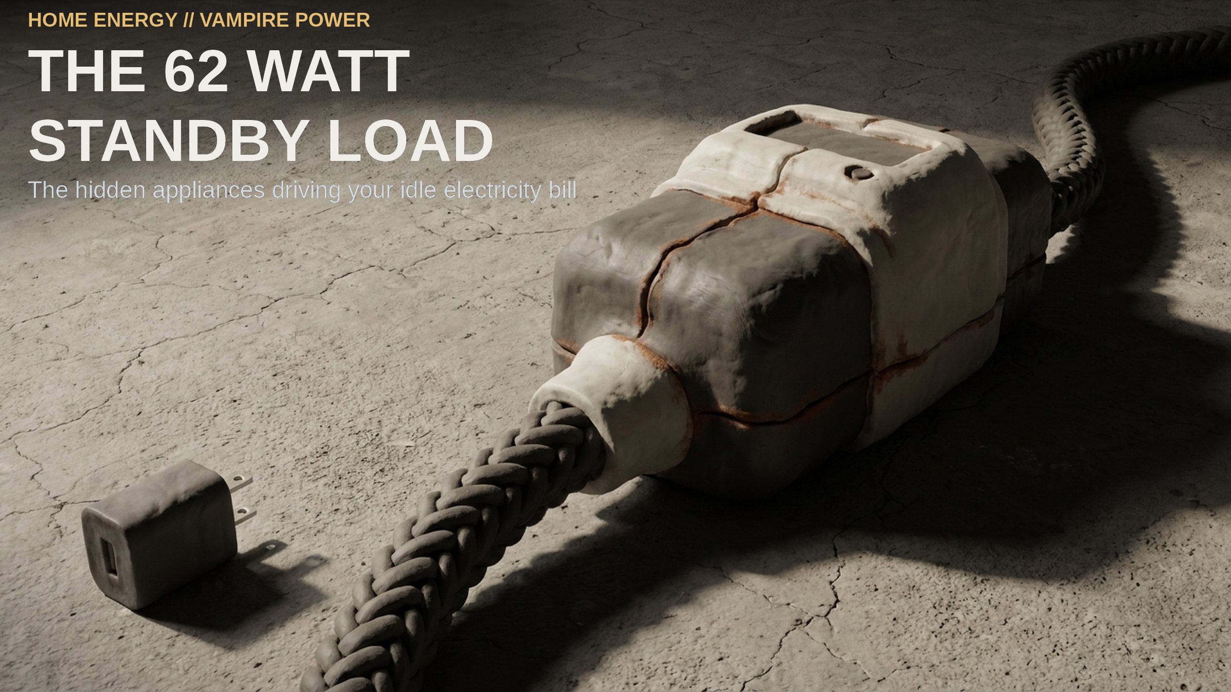 The 62 Watt Standby Load. A heavy molded plug and braided cord beside a small wall adapter, rendered in matte clay on cracked concrete.